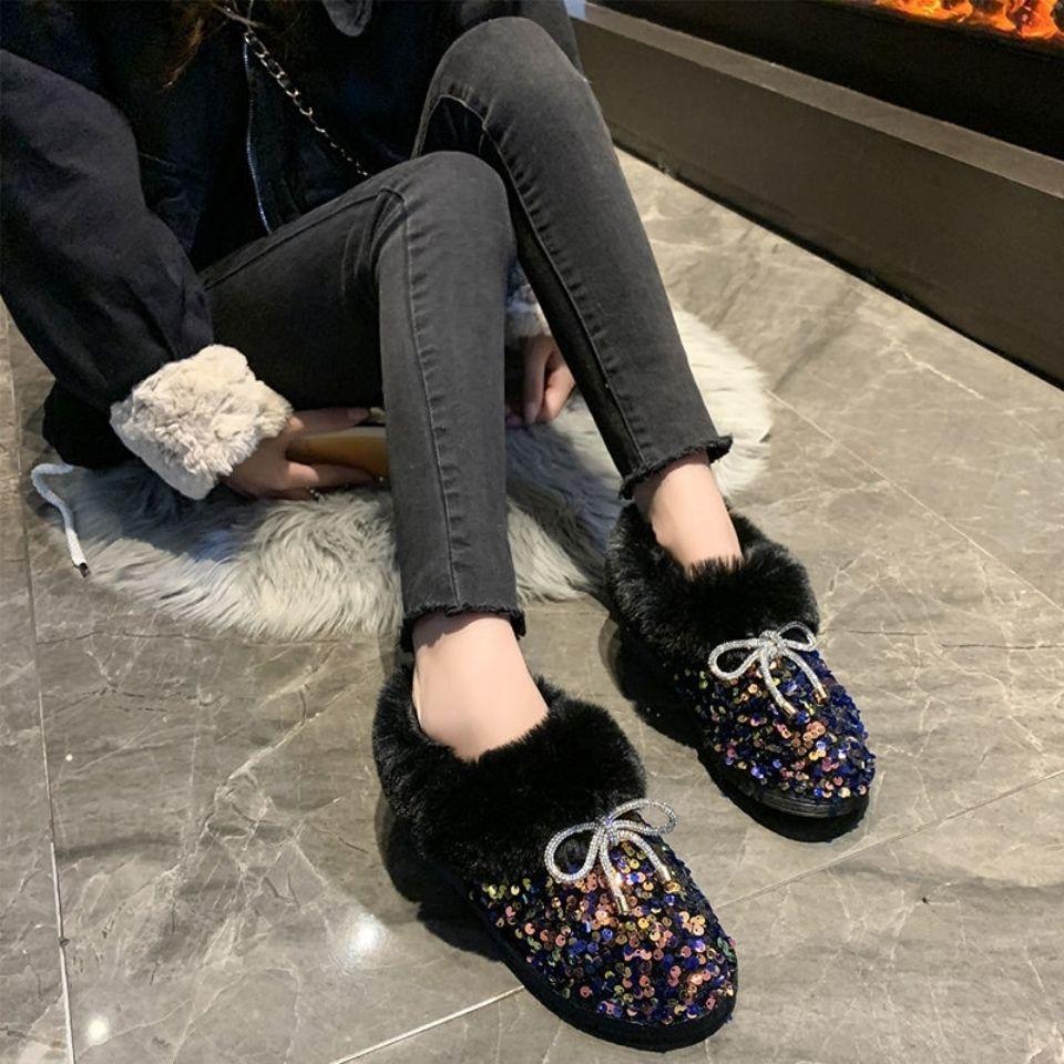 Sequins Bow Flat Snow Boots for Women Winter Round Toe Woman Shoes Padded Comfortable and Elegant On Offer Y2k Work Furry Boot