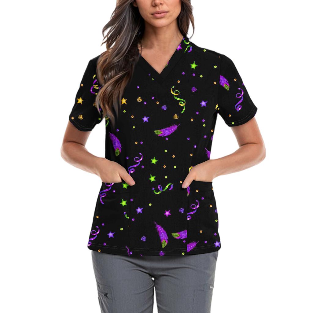 Niedlich bedruckte Arbeitskleidung für Damen, V-Ausschnitt, doppellagige Taschen, Basic-Kurzarm-Oberteil, Pullover