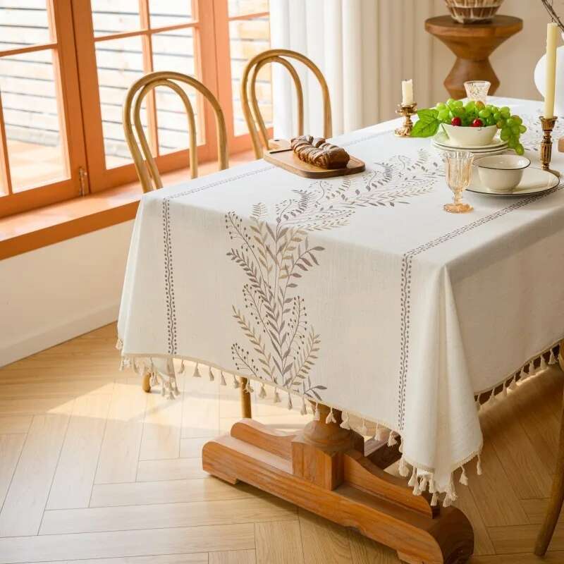 Nordic Cotton Linen Fabric Tablecloth Embroidered Dining Table Cloth Waterproof and Oil Proof Tea Table Cloth Rectangular Tassel