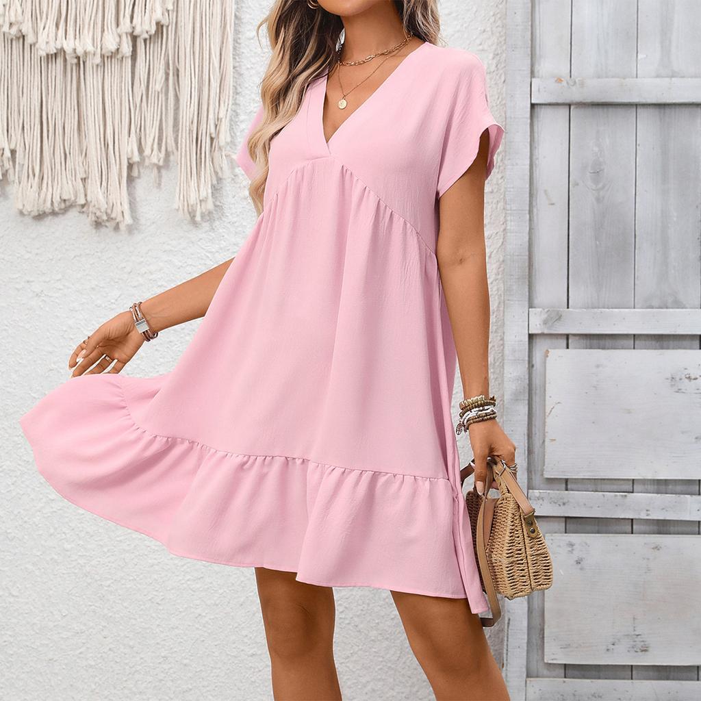 Women's Fashionable Color V-neck Short Sleeved Ruffled Holiday Loose Dress