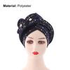 Einfarbige vorgebundene Kreuzwickel-Turban-Mütze mit Blumendekor und Strass-Kopfschal-Kappe Haaraccessoires