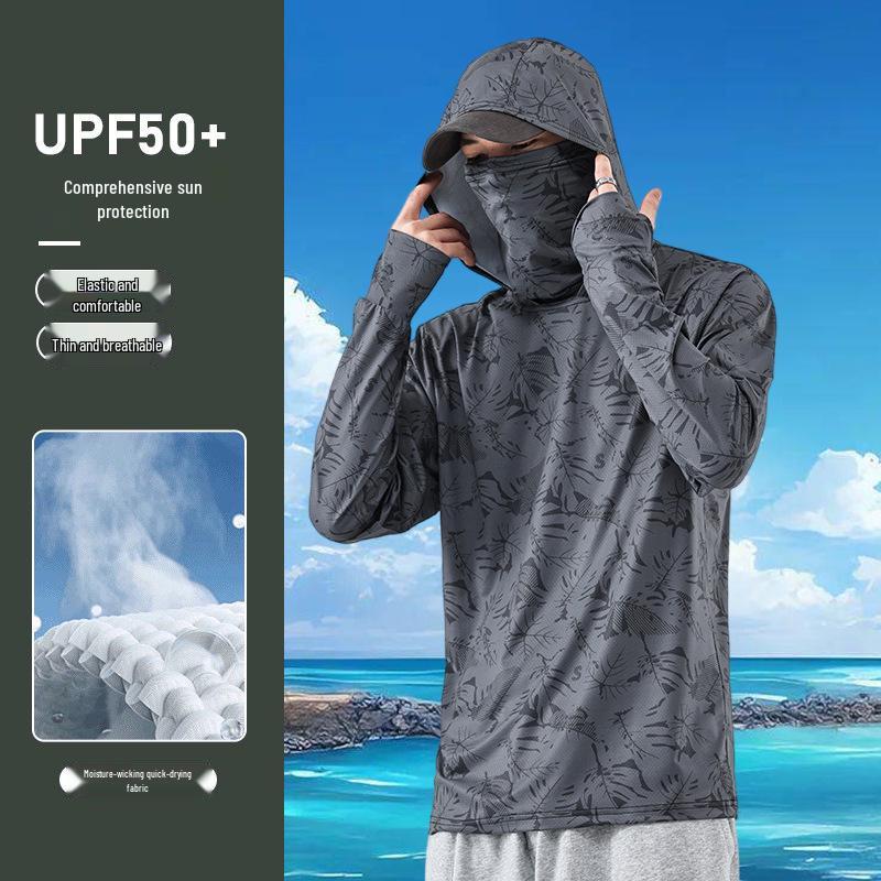 חליפת דיג גברים להגנה מ-UV וייבוש מהיר - קלת משקל לקיץ, משי קרח עם כיסוי פנים להגנה מהשמש