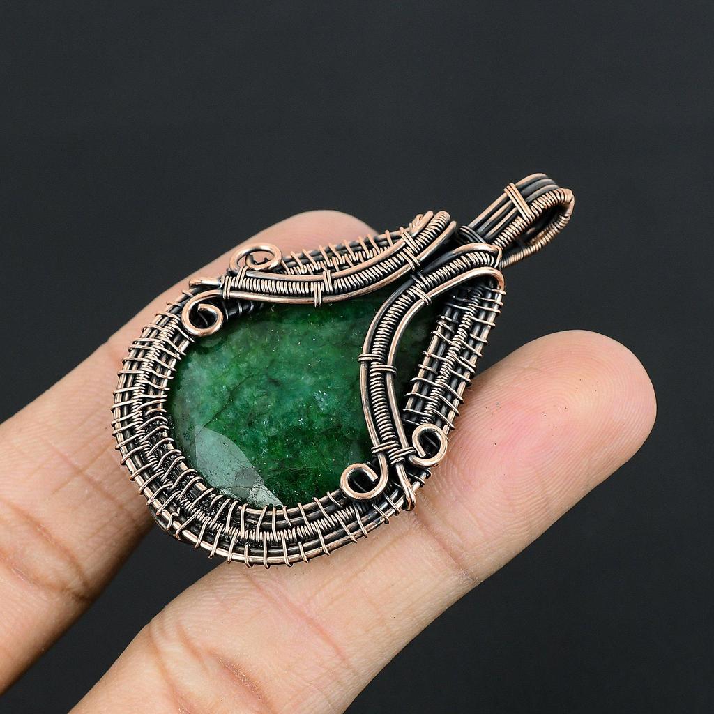 Emerald Pendant, 999 Copper Wire Wrapped Pendant Gemstone Jewelry, Handmade Pendant Amazing Jewelry, Gift For Her