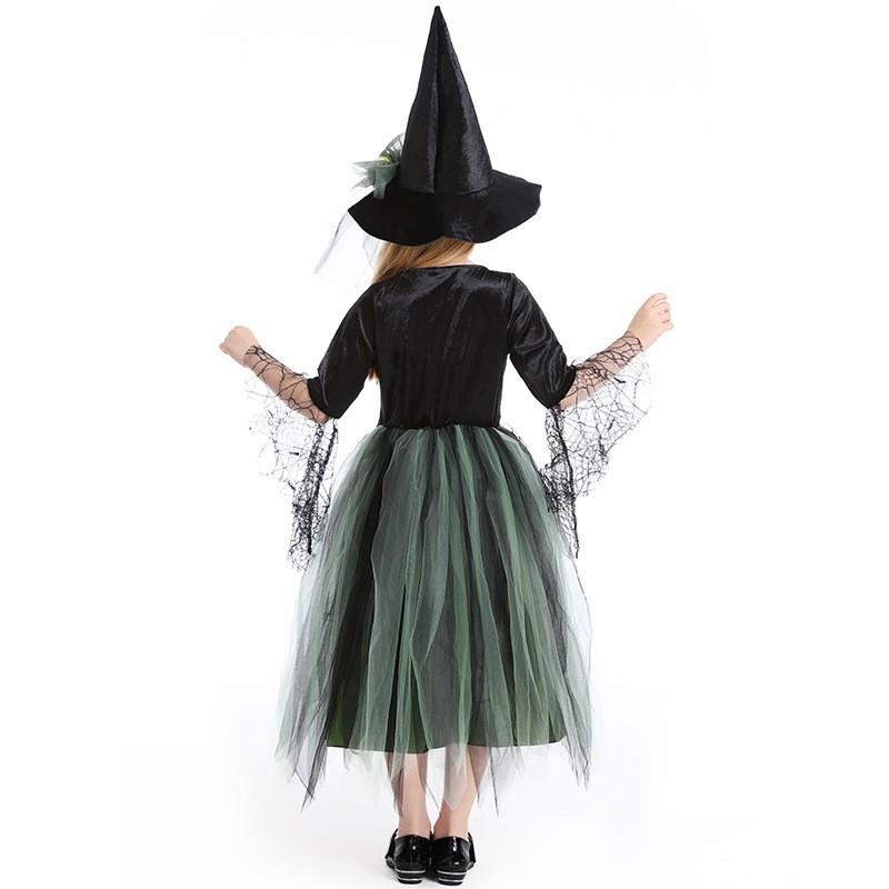 Green Witch Costume Dress Girls Halloween Party Outfit Long Sleeve Tulle With Floral Spiderweb Design