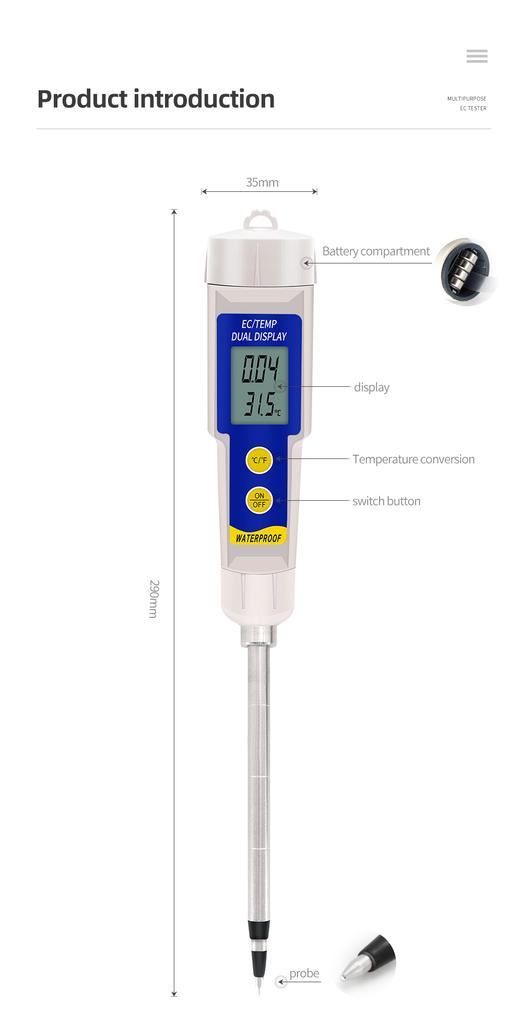 EC-315 Soil Tester Multifunction 2 in 1 Soil EC Temperature Meter Handheld Water Quality Monitor EC Tester for Lab Aquarium Soil