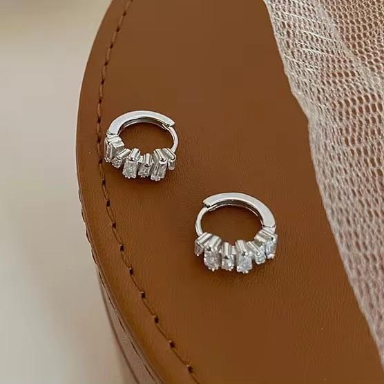 Sterling Silver Rectangle Zircon Round Hoop Earrings for Women Trendy Geometric Fine  Light Luxury Accessories