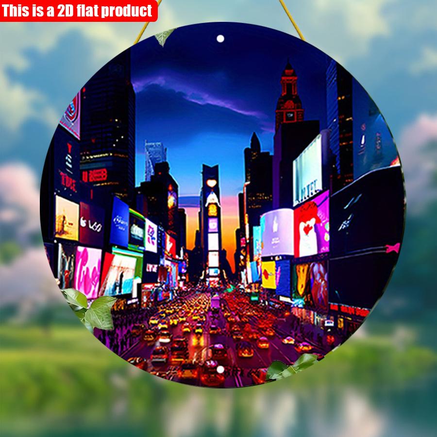 2D Flat 20*20cm1pc Night City skyscraper Neon landscape lights Round Pendant, Vibrant Night urban Theme Science fiction style high quality ornament