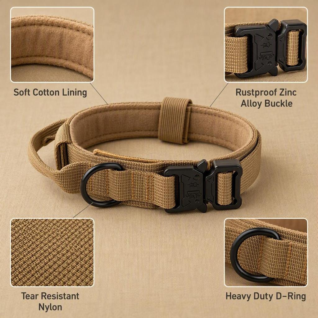 Anti-Bite Tactical Dog Collar Double Pin Metal Buckle Alloy D-Ring Padded Nylon Collar for Large Dogs Outdoor Training Hiking