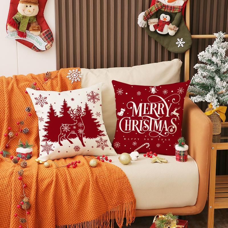 Red Christmas Print Pillow Cover Nordic Style Linen Print Holiday Decoration Living Room Sofa Cushion Cover Pillow