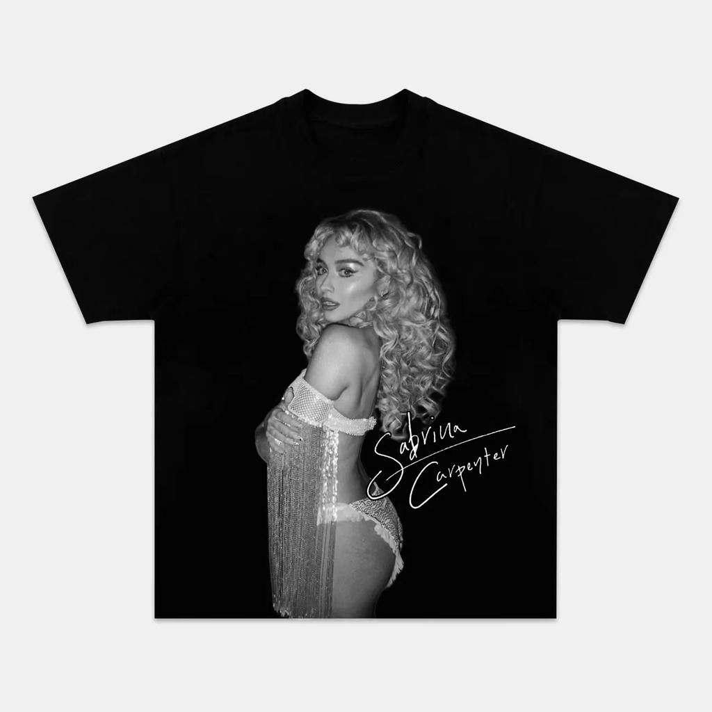 Sabrina Carpenter Blue Backless Dress Graphic T-shirt, Unisex Loose Pure Cotton Tee, Pop Singer Women and Men T-shirt