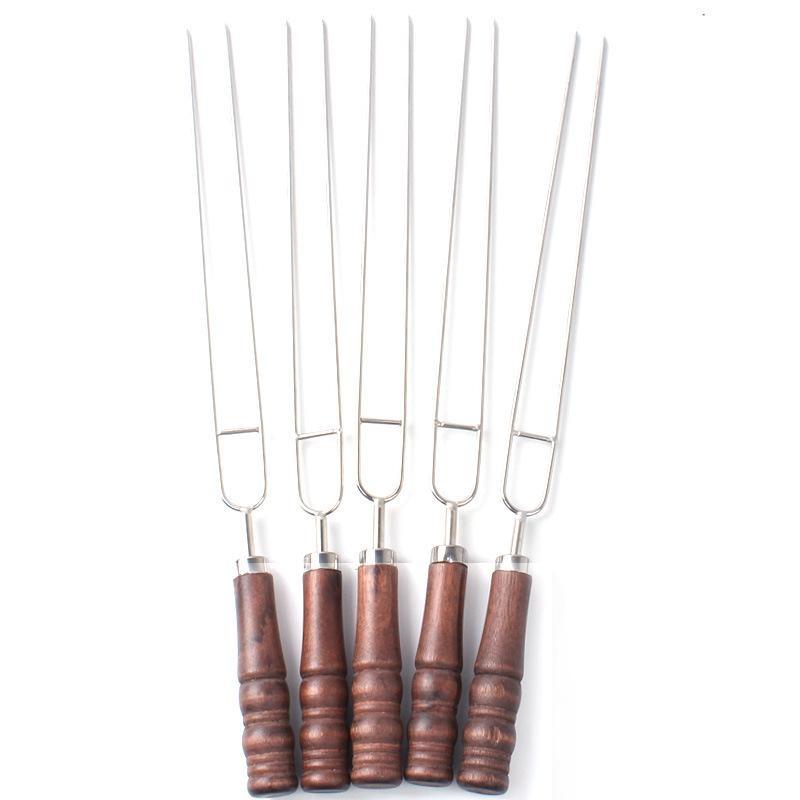 5Pcs Outdoor BBQ Grilled Fork Stainless Steel Signature Wooden Handle U-type Needle Picnic Barbecue Fork Rotisserie Long Skewers