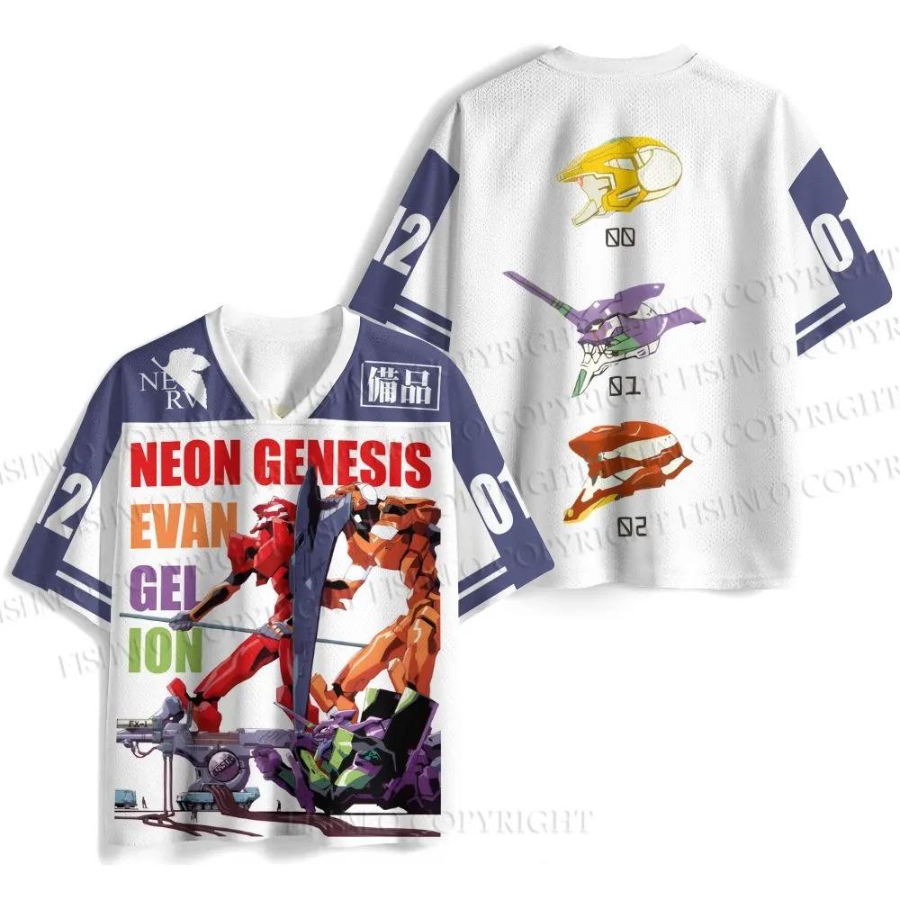 New Anime Neon Genesis Evangelion Rei Ayanami Print Mesh Jersey T-shirt Men Oversized Streetwear V-Neck Casual Short Sleeve Tops