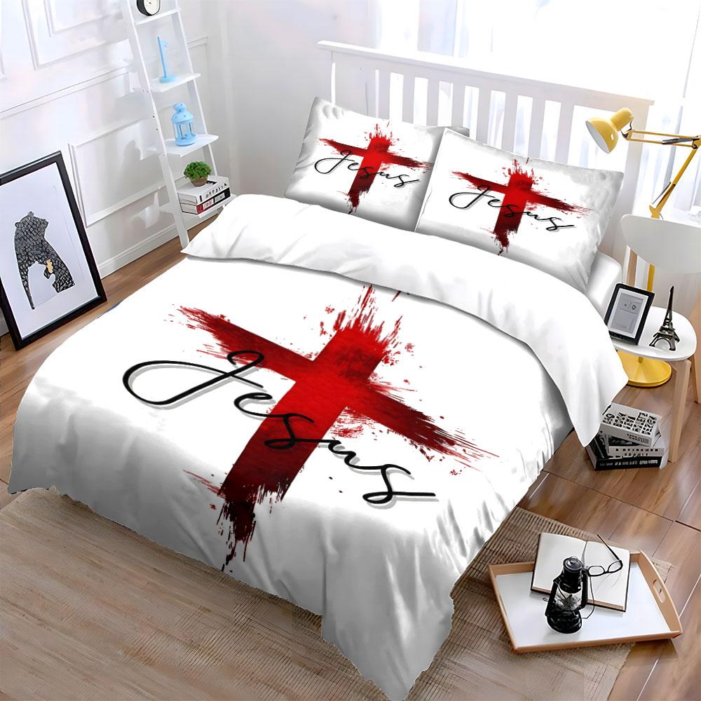 Red cross with "Jesus". Bedding sets Duvet cover sets Duvet covers Pillowcases(1 * Duvet Cover 2 * Pillowcases, without duvet insert)