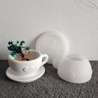 DIY Herzförmiges Teeset Kerzenbecher Ornament Silikonform für Gips Beton Harzguss Kaffeetasse Tablett Dekorative Handarbeiten