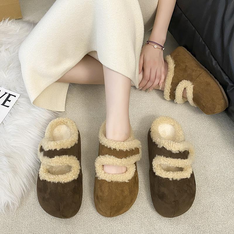 Retro Thick-bottomed Fluffy Slippers for Women's Outer Wear 2025 Winter Velvet Bag Head Half Mop Warm and Non-slip Inner Heightening Cotton Mop