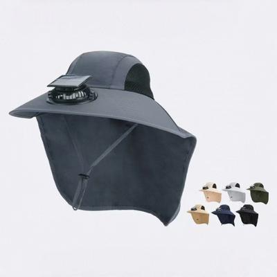 Solar Fan Hat with Neck Cover Wide Brim Sun Hat UV Protection Outdoor Fishing Hat Hiking Travel Hollow Mesh Summer Cooling Breathable Sun Cap