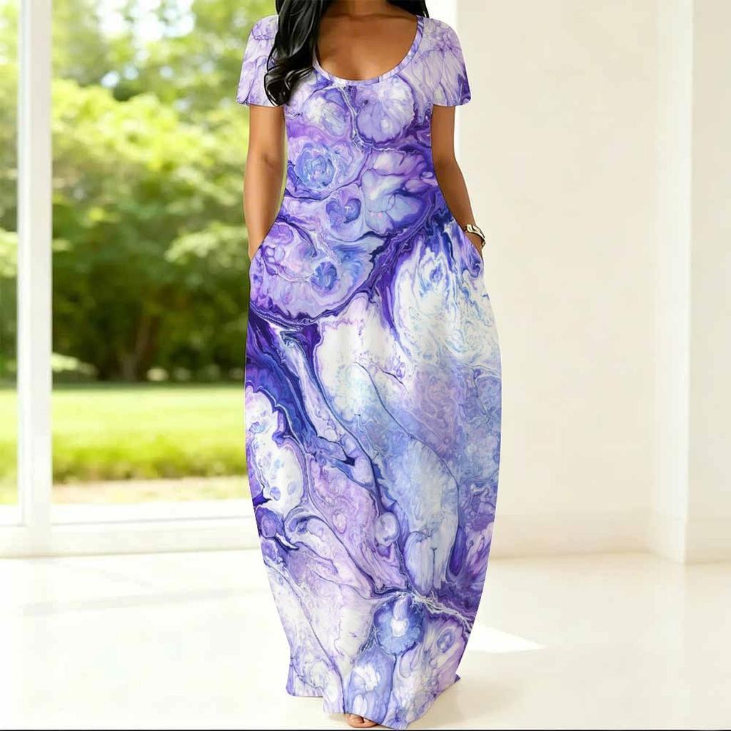 Plus Size Ladies Short Sleeve Crew Neck Dress Flowy Loose Outfit For Summer Family Gathering Wear