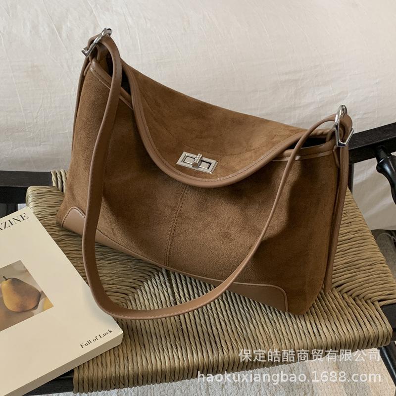 2025 New Niche Retro Suede Splicing Tote Bag Women's Large-capacity Commuter Bag Simple and Versatile Shoulder Bag