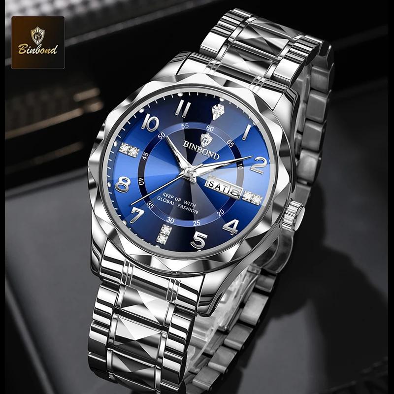 BINBOND Business Men Quartz Watch Rhombus Mirror Original Waterproof Luminous Stainless Steel Clock Male Date Week Wristwatch