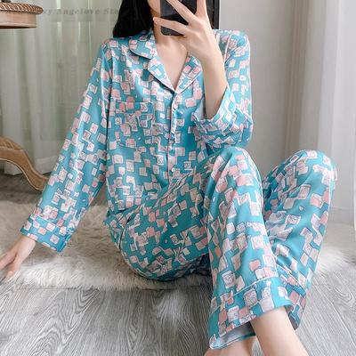 Set Pijama Satin Imprimat Lenjerie Intimă Mâneci Lungi Reveri Haine de Casă Haine de Dormit Femei Primăvară Toamnă Haine de Noapte Haine de Lounge