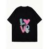 T-shirt à manches courtes pour femmes avec imprimé coloré de lettres "LOVE" style graffiti (Élément Cœur + Accents Étoiles)