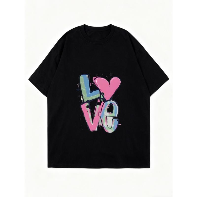 T-shirt à manches courtes pour femmes avec imprimé coloré de lettres "LOVE" style graffiti (Élément Cœur + Accents Étoiles)