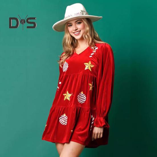 Women Christmas Dress Festive Star Print Patchwork Sequin A-line Pleated V Neck Long Sleeves Ruffles Velvet Party New Year Mini Dress