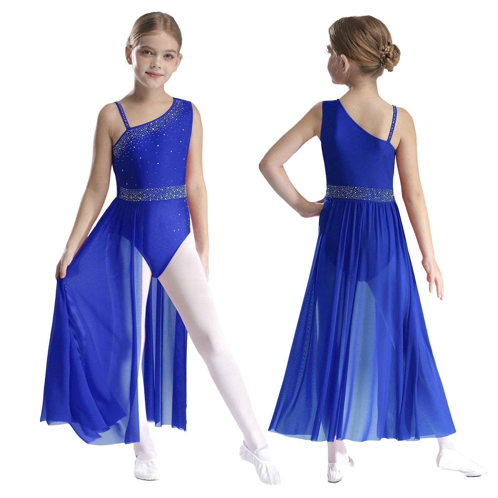 IEFiEL Kinderen Meisjes Ballet Lyrische Dans Jurk Gymnastiek Leotard met Rok Transparante Mesh Kunstschaatsen Moderne Hedendaagse Dans Kostuum 5-6 Years koningsblauwe kleur