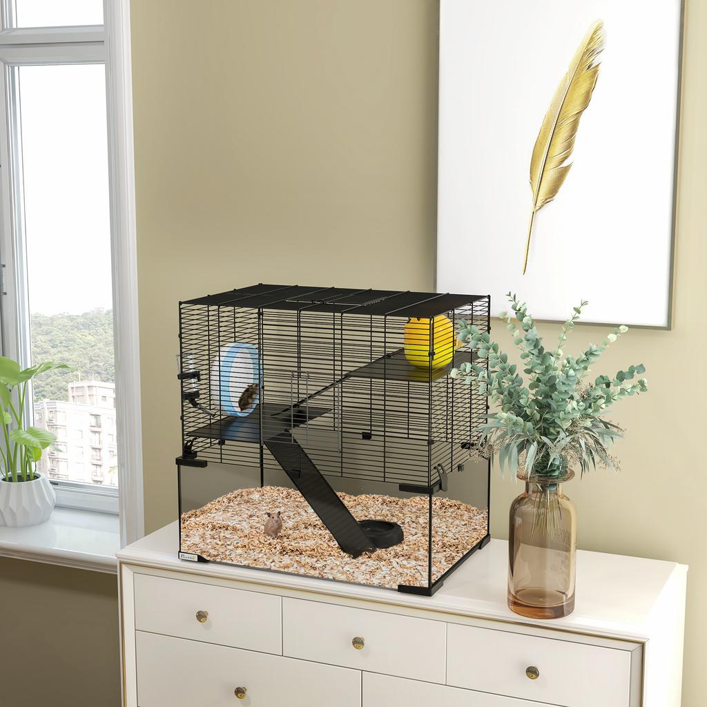 3-Tier Hamster Cage with Wheel, Ramps and Removable Bottom, 60x40x57cm, Black