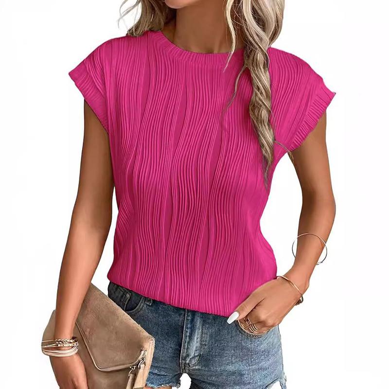 Crew Neck Short Sleeve for Women Summer Pleated Print Solid Short Sleeve Casual Fashion T-shirt Breathable Lightweight Comfortable Work Vacation Top