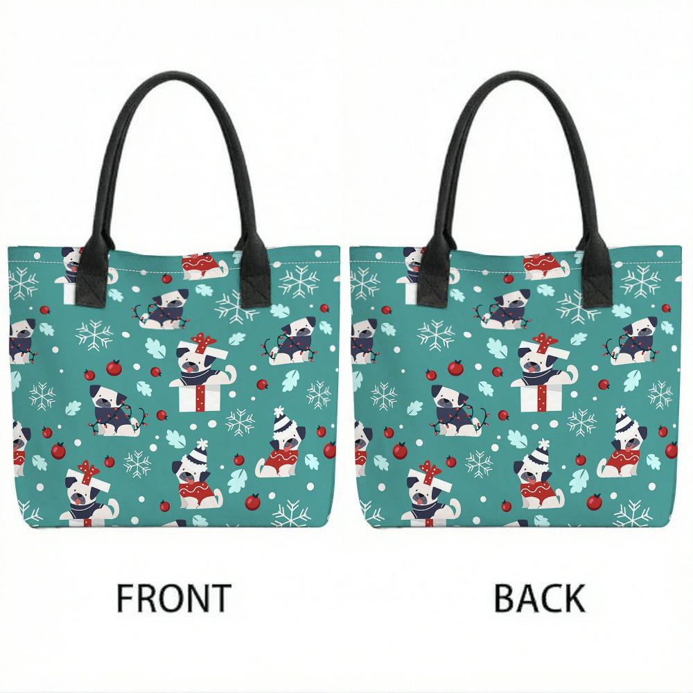 Christmas Puppy Printed Tote Bag Large Capacity Portable Canvas Shoulder Bag for Daily Use