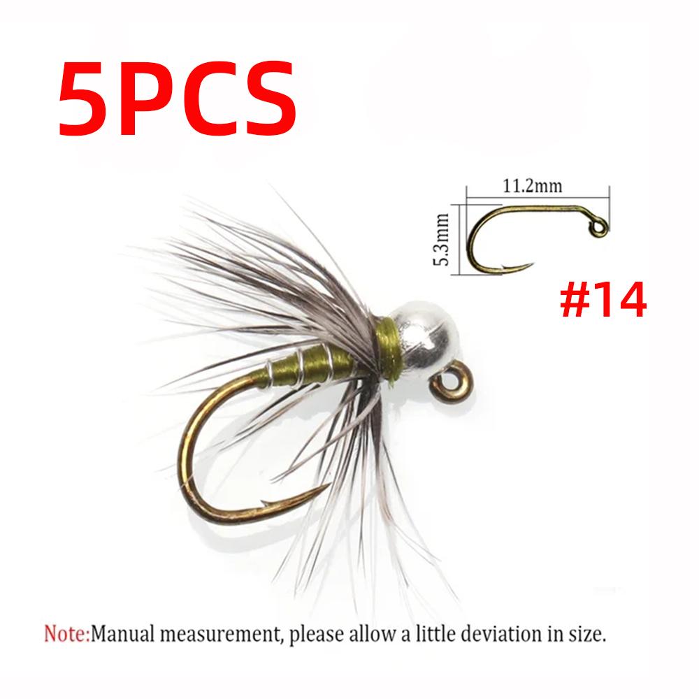 

5 шт., джиг-нимфа, вольфрамовая бусина, гризли, джиг-крючок, быстро тонущие рыболовные мушки, приманки для ловли форели, приманки #14 #16
