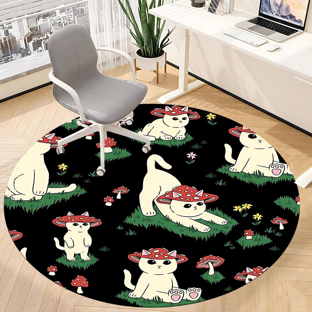 1pc Mushroom Cats Office Round Area Rug, Mat Suitable For Office, Under Office Chairs Bedroom Living Room Home Decor, Room Deco