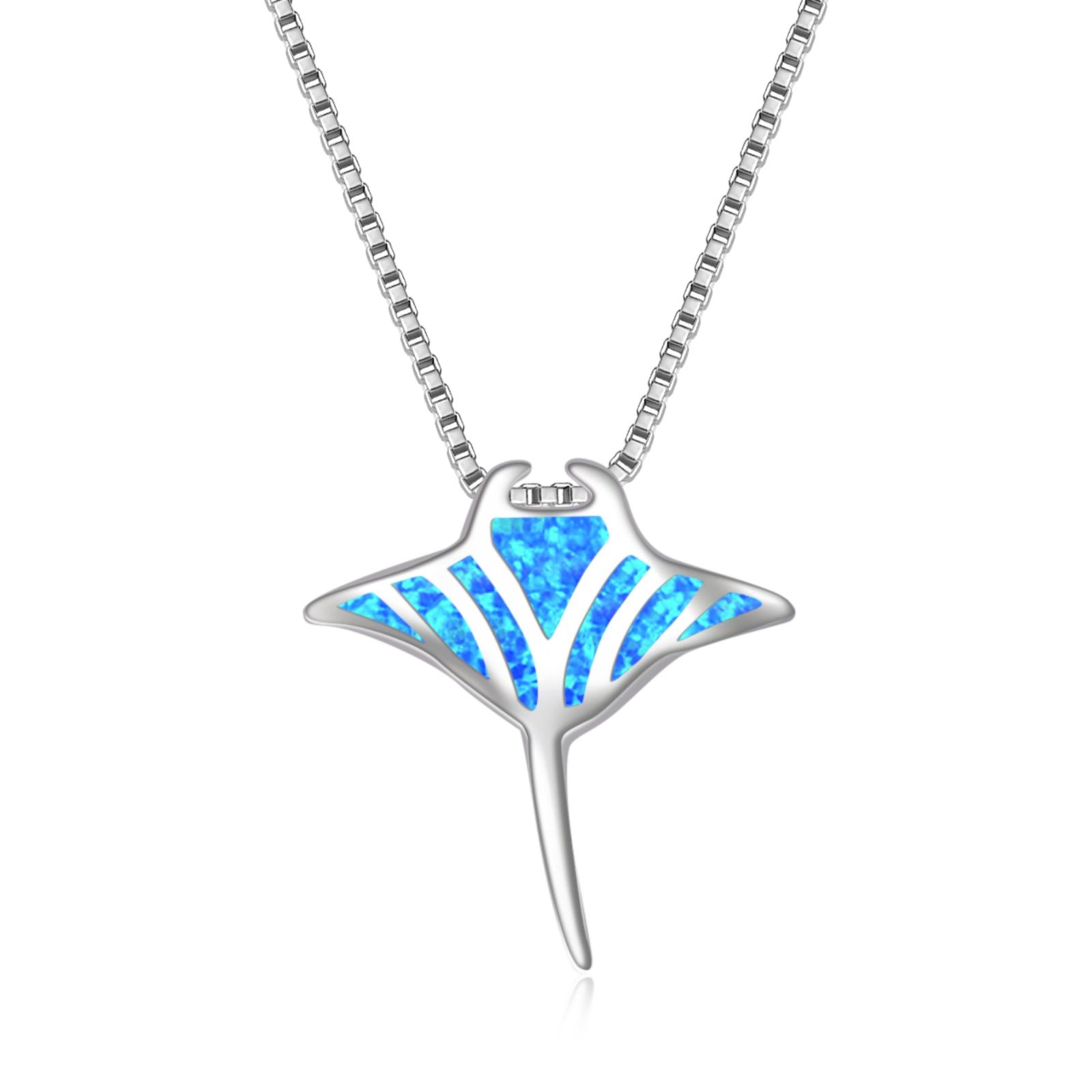 Trendy Marine Ray Opal Pendant Necklace-Blue Fire Opal Inlaid Copper Link Chain Stingray Design | Coastal Nature Bulk Gifts 19.0in & above&Fashion