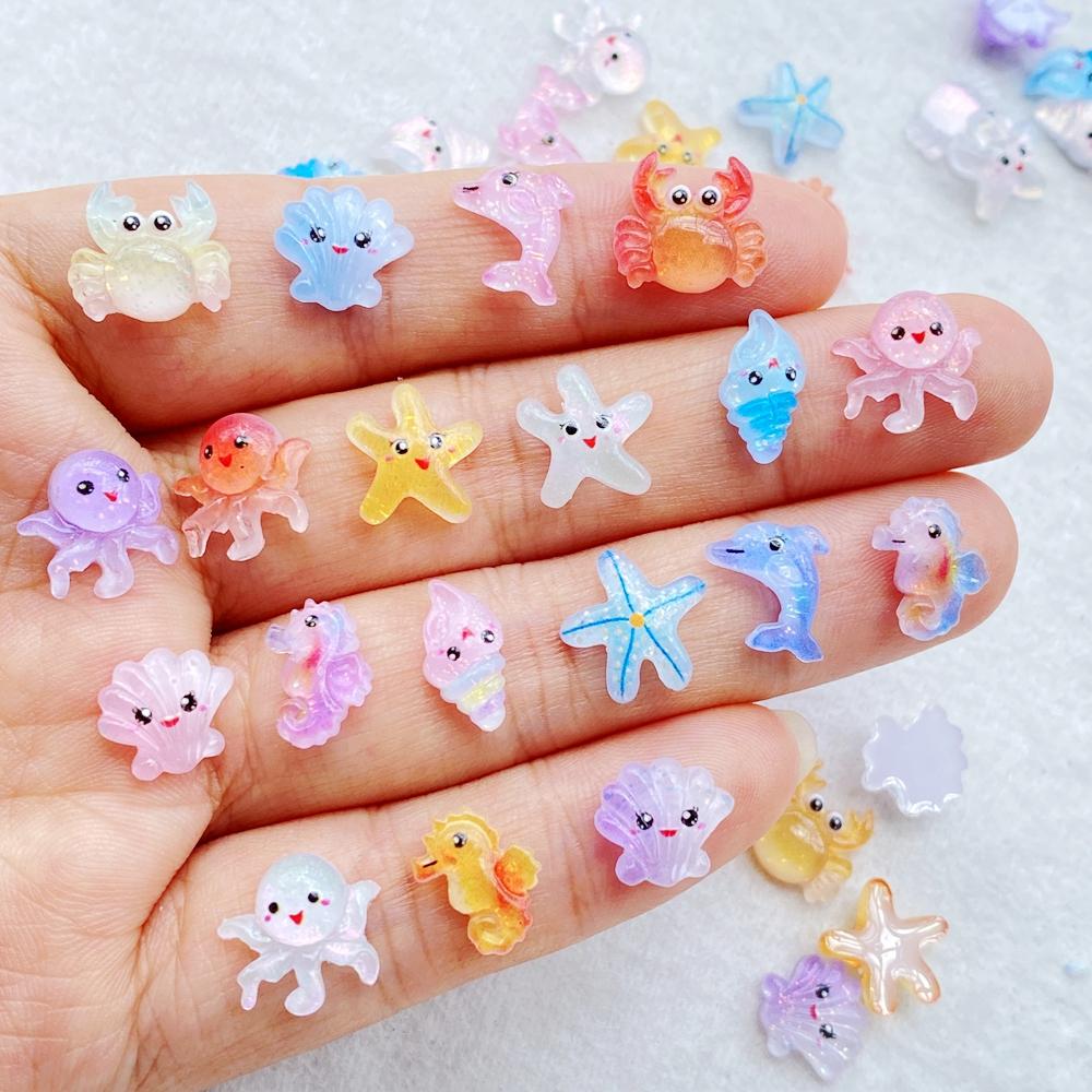 

50Pcs New Nail Art Mini Cartoon Ocean: Dolphins, Crabs, Starfish, Shells Charms Rhinestones DIY Craft For Nail 3D Decorations