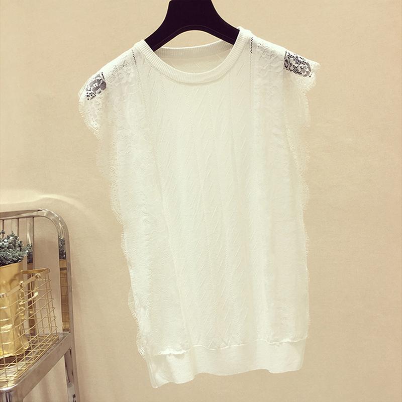 Fashion Summer Lace Sleeveless Black White Knitted Vest Tank Top Women Slim O-Neck Knit Tank Tops Vests JJ08