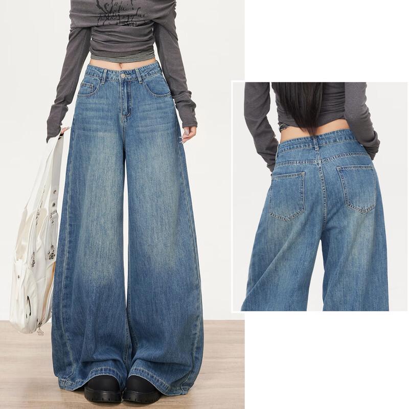 BEAUTIFUL WARDROBE Women's American Retro Washed Curved Wide-Leg Jeans