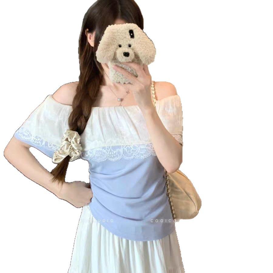 Plus Size One-Shoulder Ruffle Lace Patchwork Top - Versatile, Slimming T-Shirt for Women