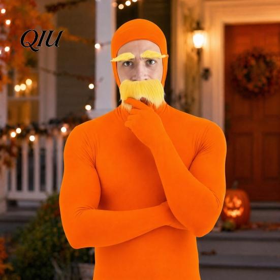 Reading Day Costume Face Open Halloween Costume, Unisex Full Body Orange Bodysuit with Beard Fun Family Eyebrows for Men Women, Adult Stretchy Cosplay