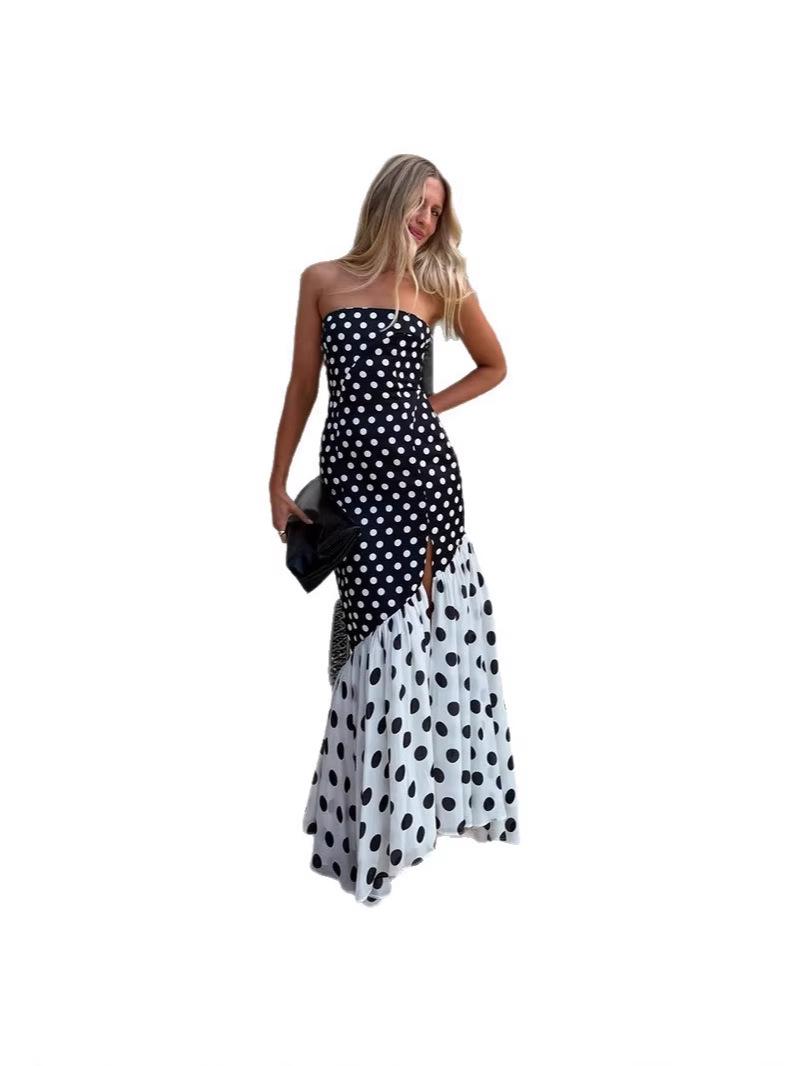 2026 European and American High Waist One-Shoulder Polka Dot Fishtail Dress S