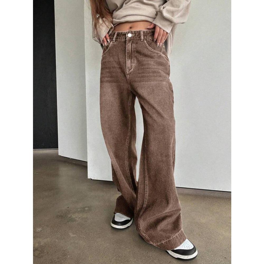Jeans da Donna Vita Media Gamba Larga Vestibilità Ampia Dritti Vintage Denim Marrone Senza Elasticità Pantaloni Casual Autunnali