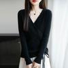 Japanese V-Neck Wool Kimono Top - Autumn/Winter, Slim-Fit, Long Sleeve, Drawstring French Cross Design.