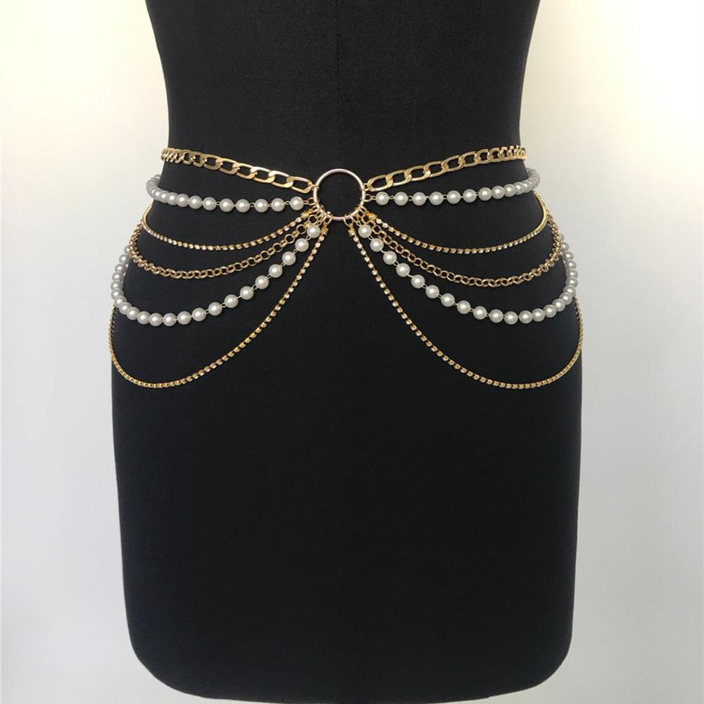 Light Luxury Rhinestone Multi-layer Metal Chain Waist Chain Women's Retro Imitation Pearl Body Chain