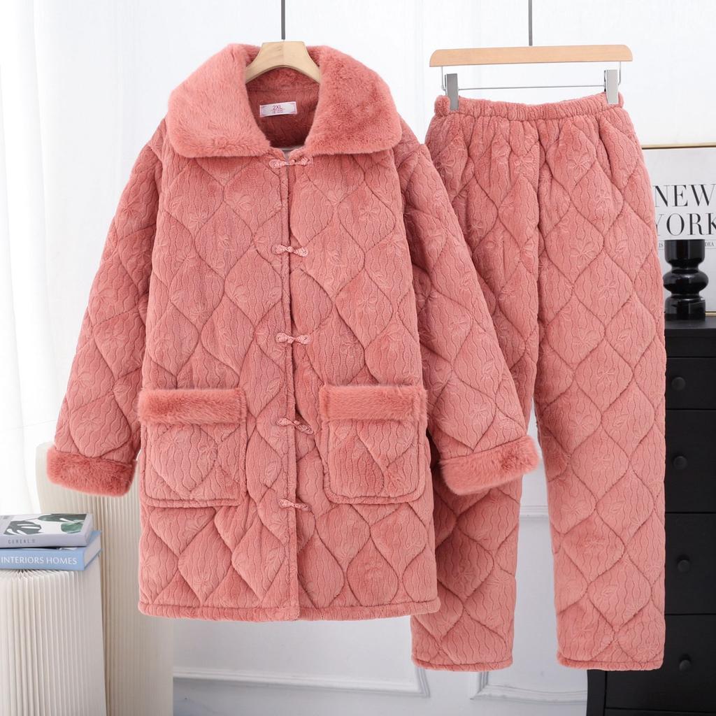 Women's Sleepwear Autumn Winter Coral Fleece Three-layer Padded Pajamas Thickened Plush Flannel Loungewear Set