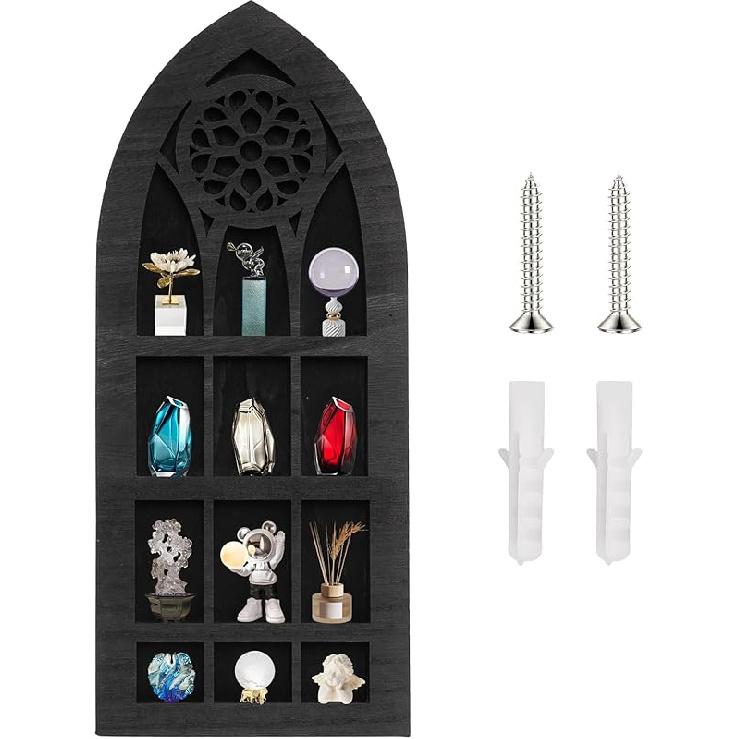 

Готическая витрина-полка для кристаллов на стену, Миниатюрная витрина, Стойка для демонстрации кристаллов, Готическая бохо черная полка для эфирных масел, Настенная подставка Single Window