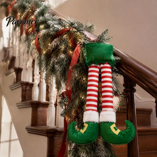 Fun Holiday Party Atmosphere Supplies Christmas Elf Leg Hanging Ornaments, Red Green Striped Fabric Decorations Wall Decor for Tree Fireplace And Car