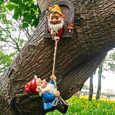 2pcs Whimsical Gnome Climbing Statues | Resin Outdoor Garden & Patio Wall Decor for Mother's Day/Christmas Gift - Includes Bonus Hanging Ornaments
