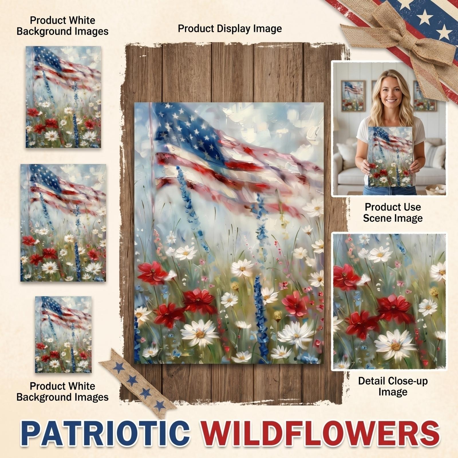 

20x25CM Independence Day Wall Art Rustic Wall Decor Canvas Print without Frame American Flag and Wildflowers Design for Home Decoration One Size