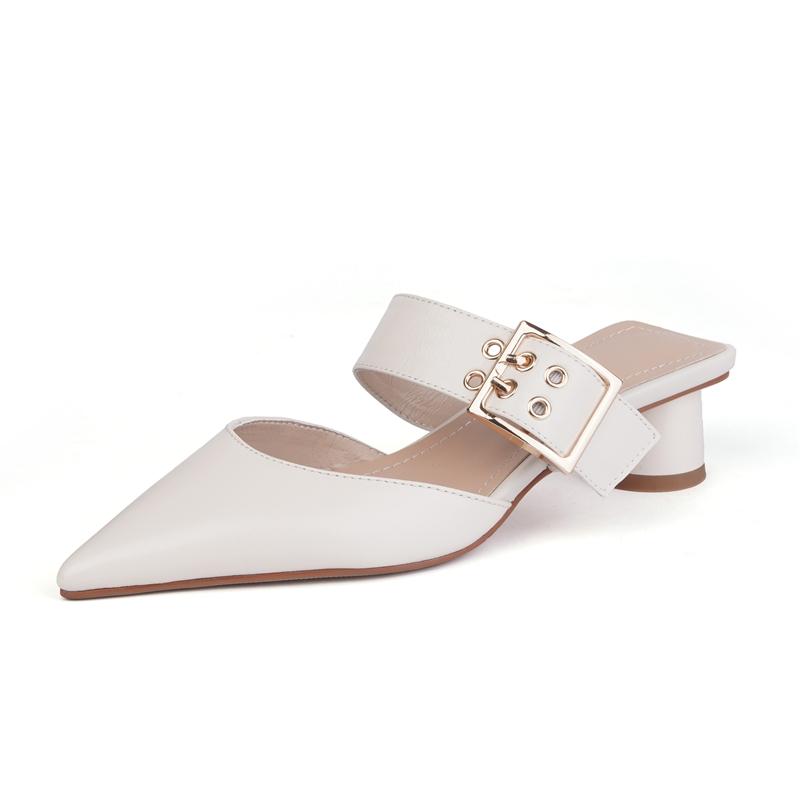 

Fashion Women s New Spring/Summer Genuine Leather Cowhide Metal Belt Buckle Mid Heel Large Headed Muller Slippers 33