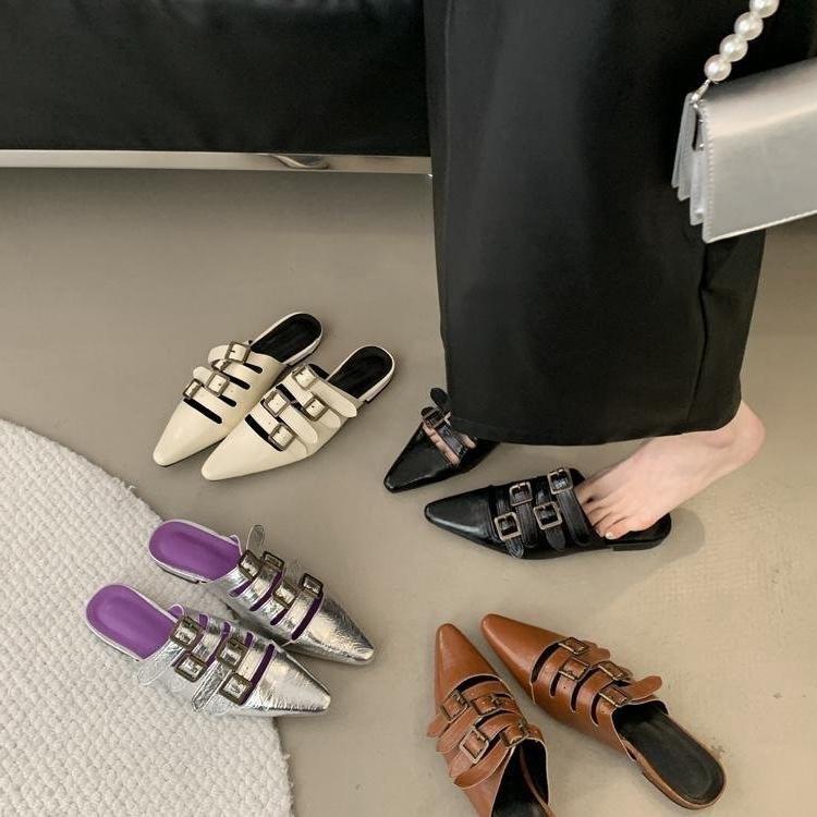 New Women's Shoes Metal Belt Buckle Three Strips with Pointed End Retro Mary Jane Shoes Pointed End Bag Head Slippers Women